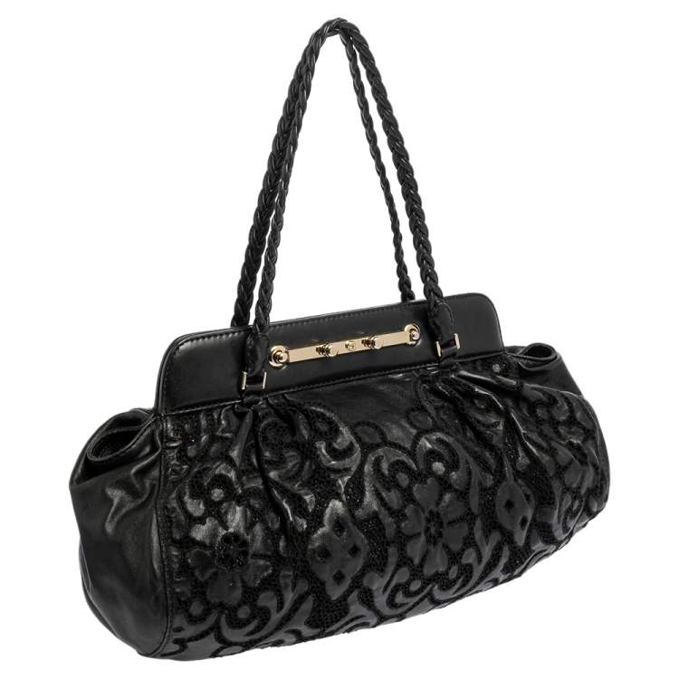 Pre Owned Valentino Black Leather Floral Embroidered Frame Satchel