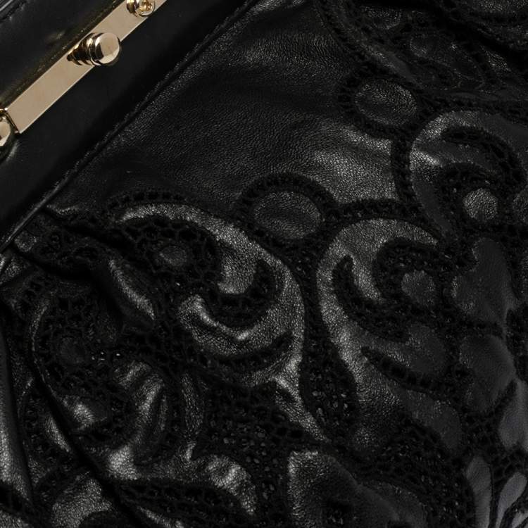 Pre Owned Valentino Black Leather Floral Embroidered Frame Satchel