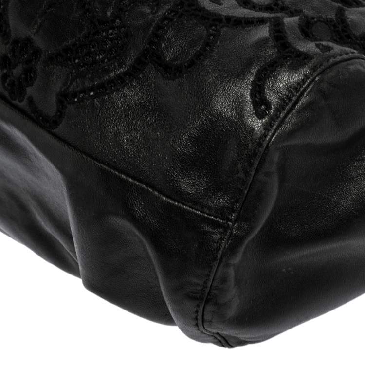 Pre Owned Valentino Black Leather Floral Embroidered Frame Satchel