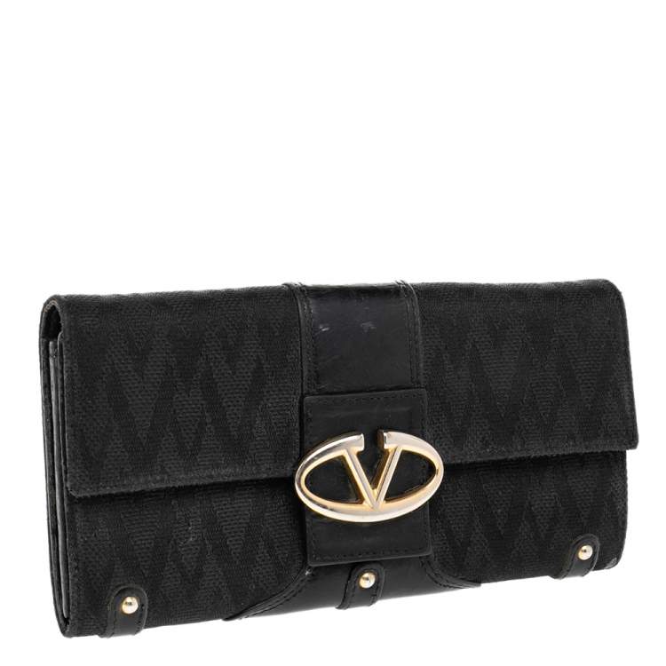 Pre Owned Valentino Black Canvas And Leather Continental Wallet