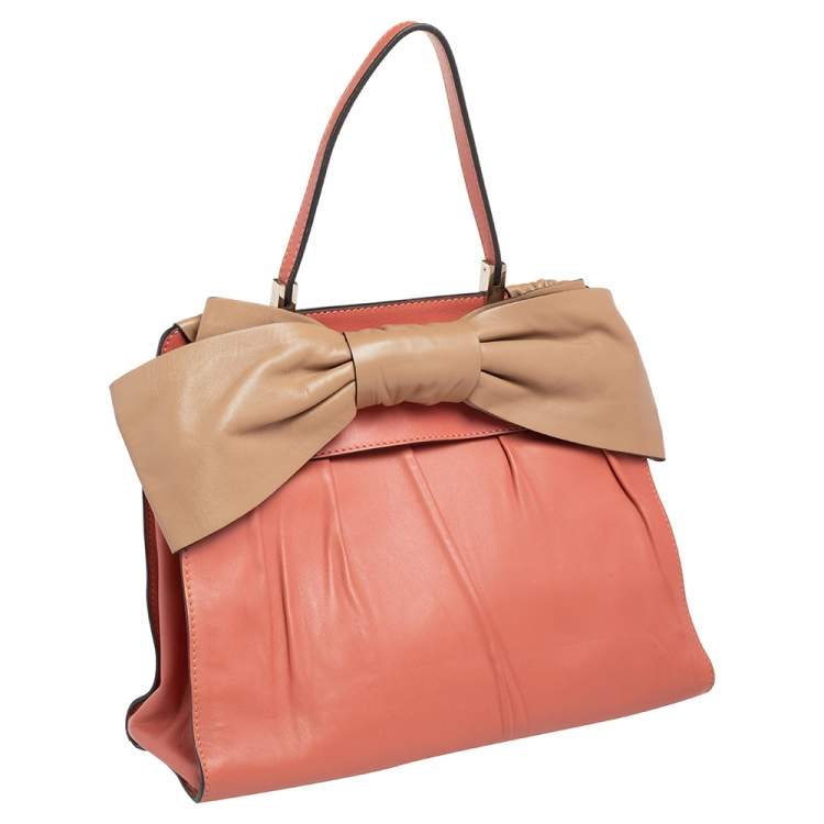 مملوكة مسبقًا Valentino Pink/Beige Leather Aphrodite Bow Top Handle Bag