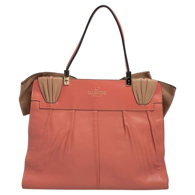 مملوكة مسبقًا Valentino Pink/Beige Leather Aphrodite Bow Top Handle Bag