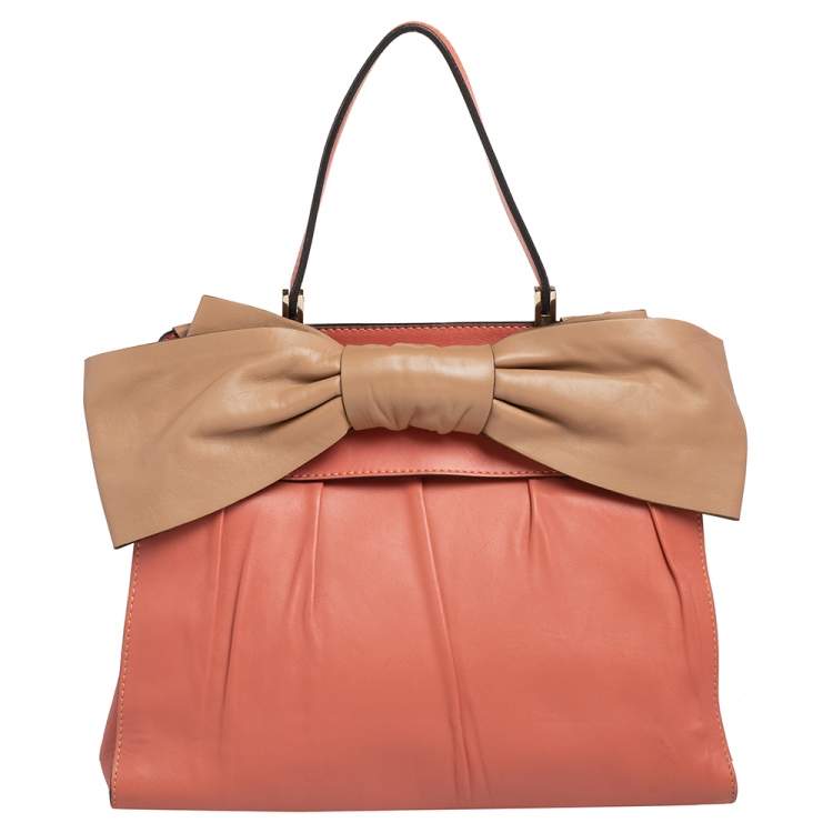 مملوكة مسبقًا Valentino Pink/Beige Leather Aphrodite Bow Top Handle Bag