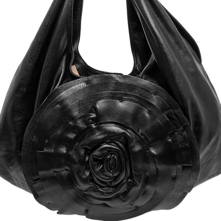 Pre Owned Valentino Black Leather Petale Rose Hobo Bag