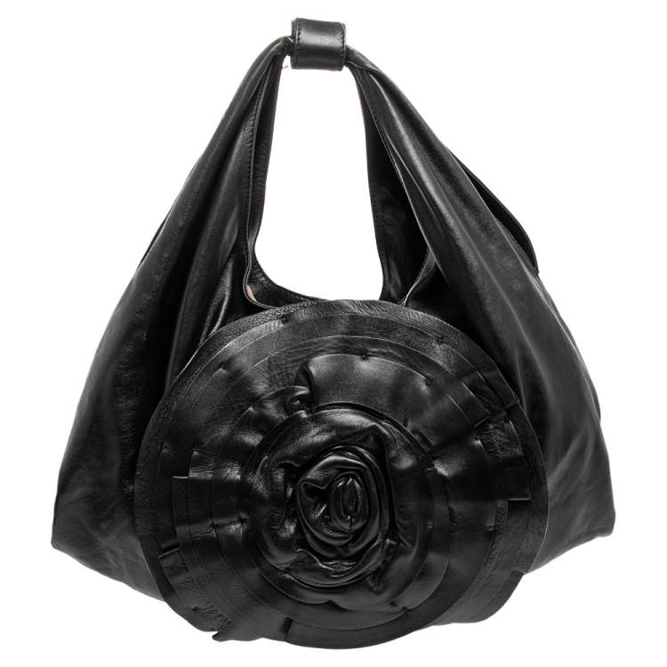Pre Owned Valentino Black Leather Petale Rose Hobo Bag