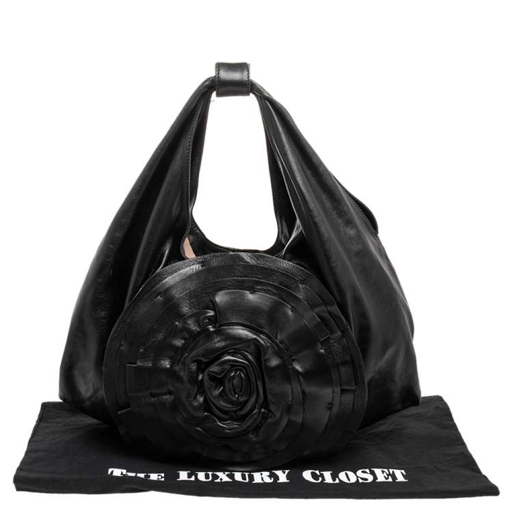 Pre Owned Valentino Black Leather Petale Rose Hobo Bag
