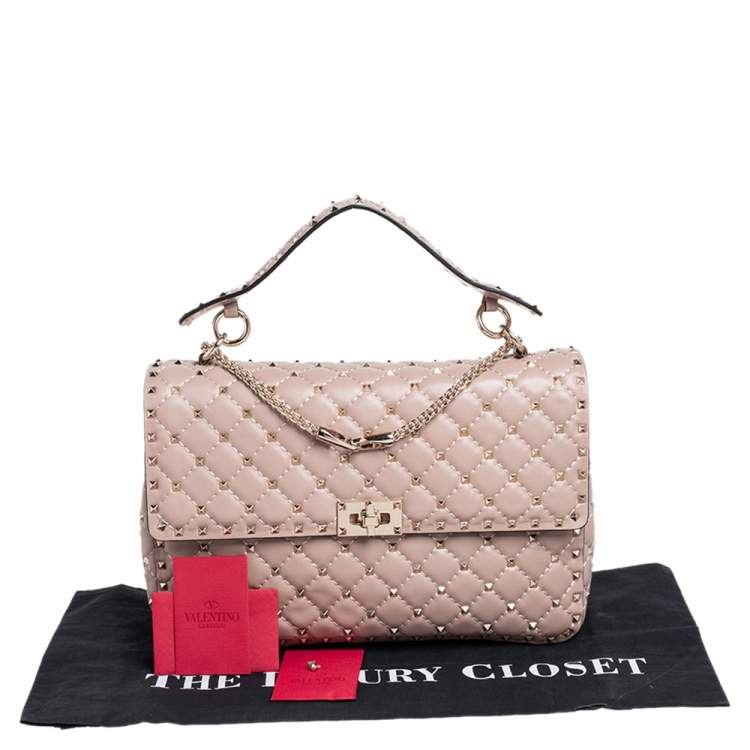 Pre Owned Valentino Beige Leather Large Rockstud Spike Top Handle Bag