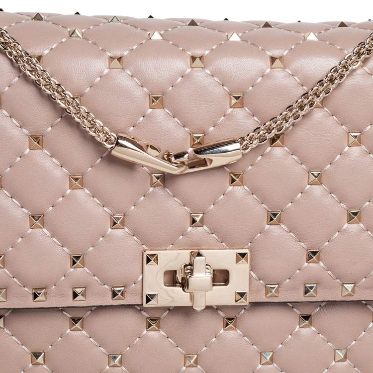 Pre Owned Valentino Beige Leather Large Rockstud Spike Top Handle Bag