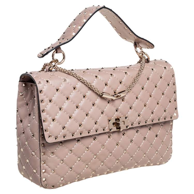 Pre Owned Valentino Beige Leather Large Rockstud Spike Top Handle Bag
