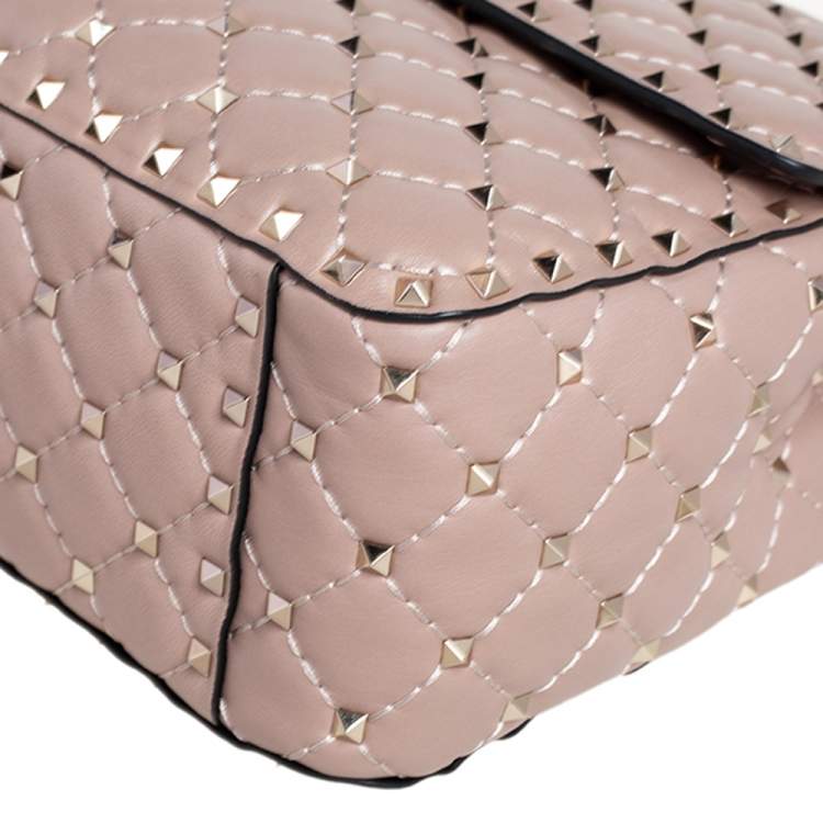 Pre Owned Valentino Beige Leather Large Rockstud Spike Top Handle Bag