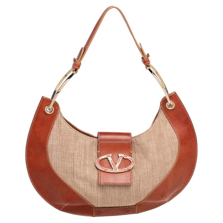 Pre Owned Valentino Beige/Tan Leather and Straw Catch Hobo