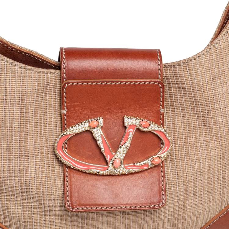 Pre Owned Valentino Beige/Tan Leather and Straw Catch Hobo