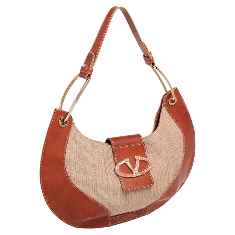 Pre Owned Valentino Beige/Tan Leather and Straw Catch Hobo