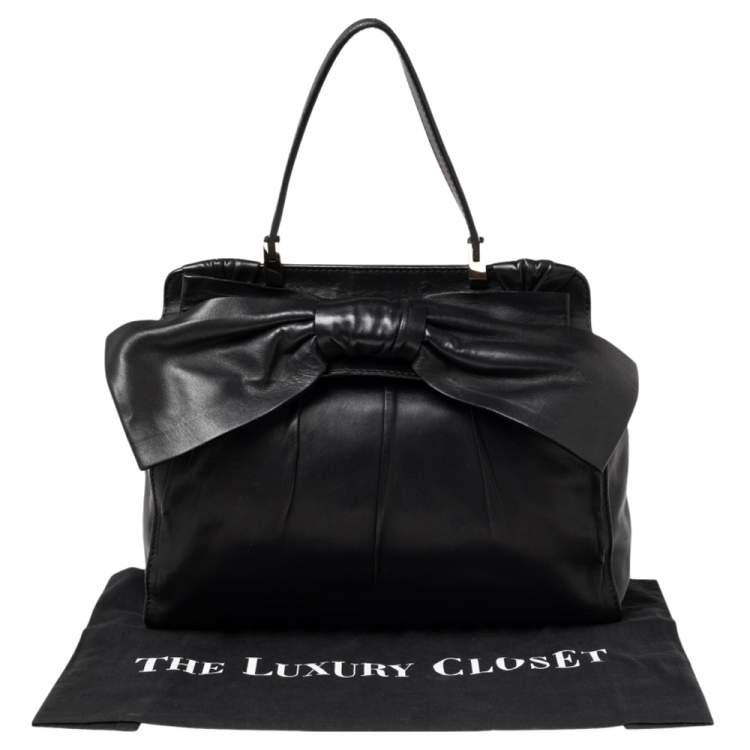 Pre Owned Valentino Black Leather Aphrodite Bow Top Handle Bag