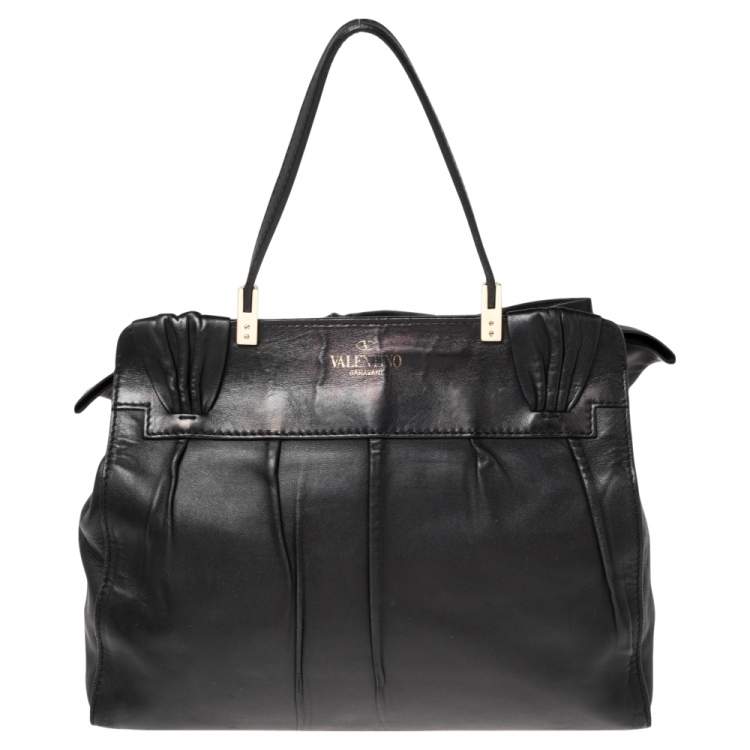 Pre Owned Valentino Black Leather Aphrodite Bow Top Handle Bag