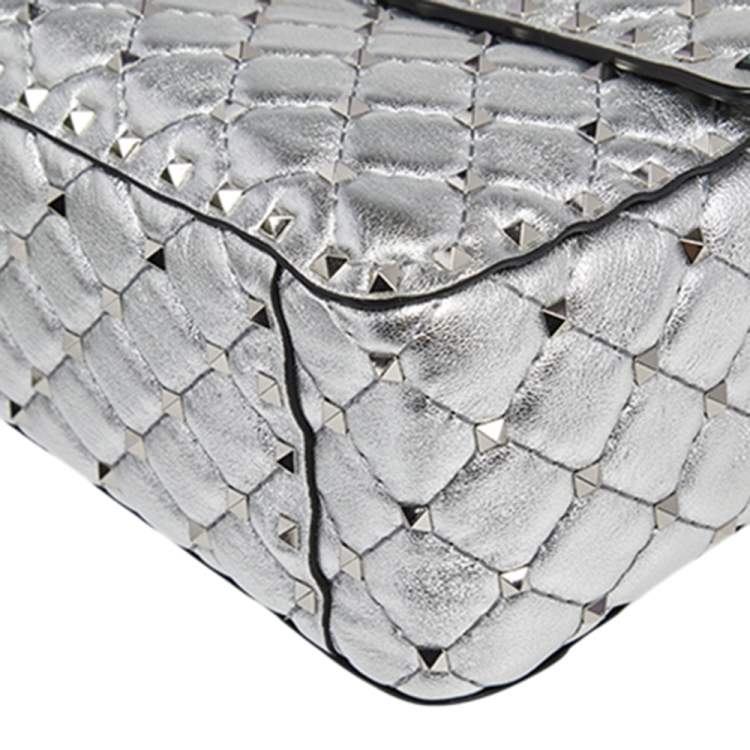 Pre Owned Valentino Silver Leather Large Rockstud Spike Top Handle Bag