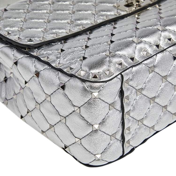 Pre Owned Valentino Silver Leather Large Rockstud Spike Top Handle Bag