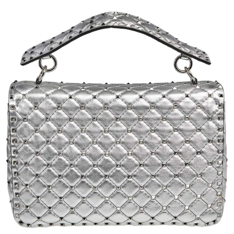 Pre Owned Valentino Silver Leather Large Rockstud Spike Top Handle Bag