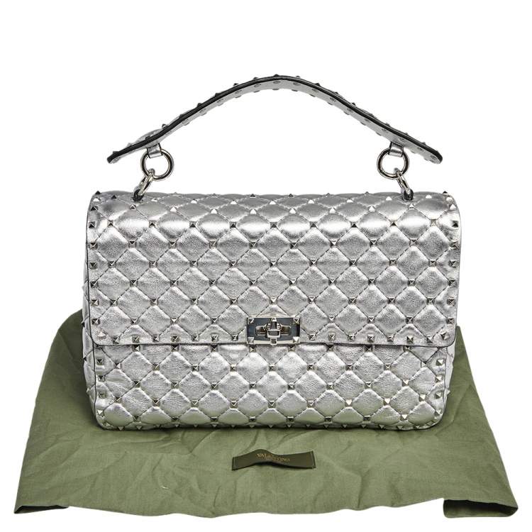 Pre Owned Valentino Silver Leather Large Rockstud Spike Top Handle Bag