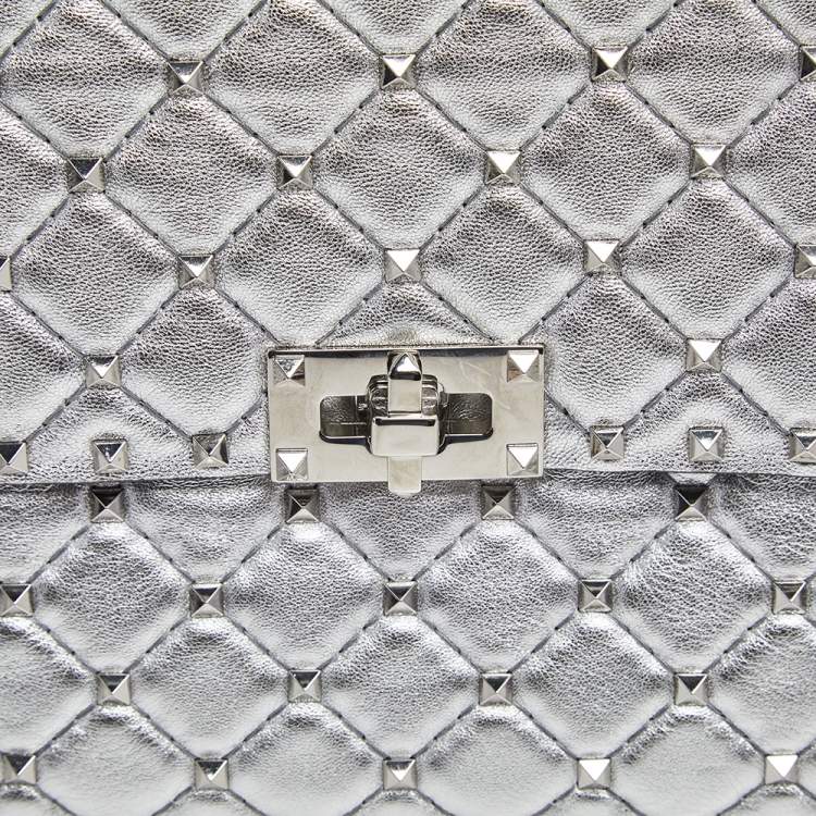 Pre Owned Valentino Silver Leather Large Rockstud Spike Top Handle Bag