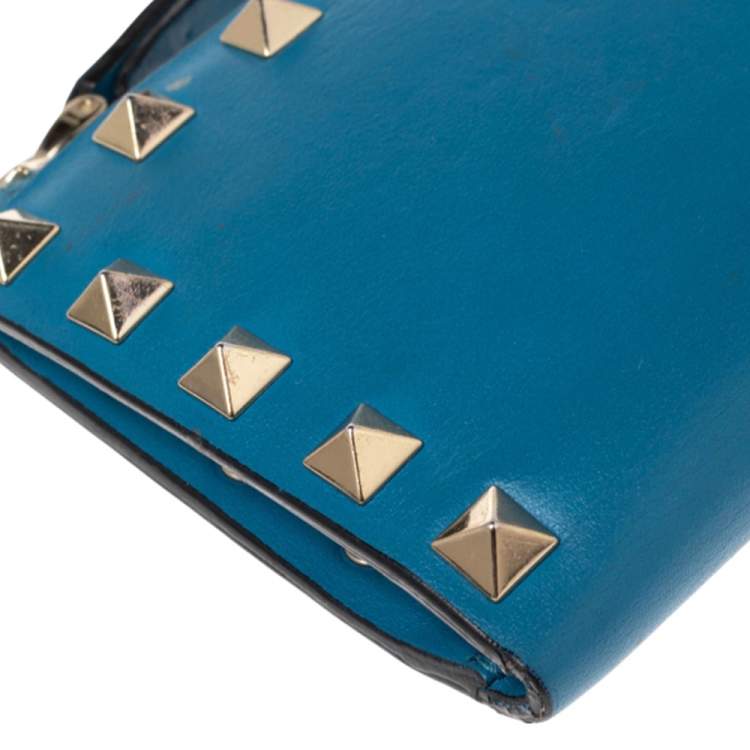 مملوكة مسبقًا Valentino Blue Leather Rockstud Bifold Card Wallet