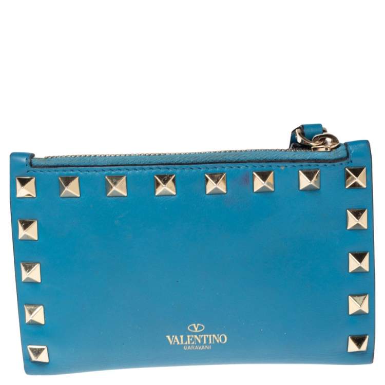 مملوكة مسبقًا Valentino Blue Leather Rockstud Bifold Card Wallet