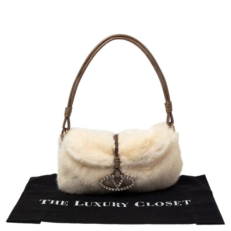 Pre Owned Valentino Off White Mink Fur and Lizard VRing Crystals Hobo