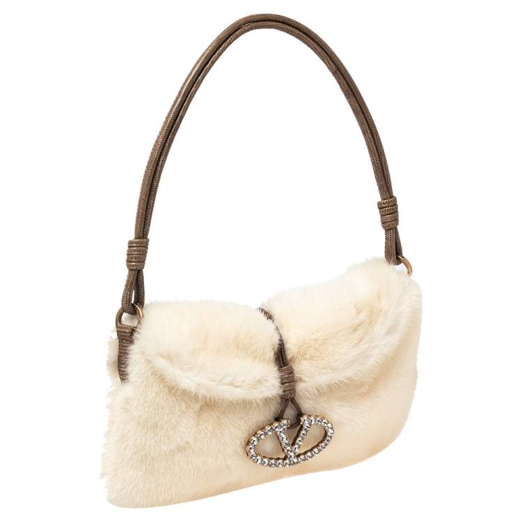 Pre Owned Valentino Off White Mink Fur and Lizard VRing Crystals Hobo