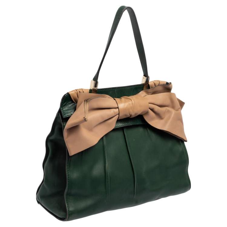 Pre Owned Valentino Green/Beige Leather Aphrodite Bow Bag