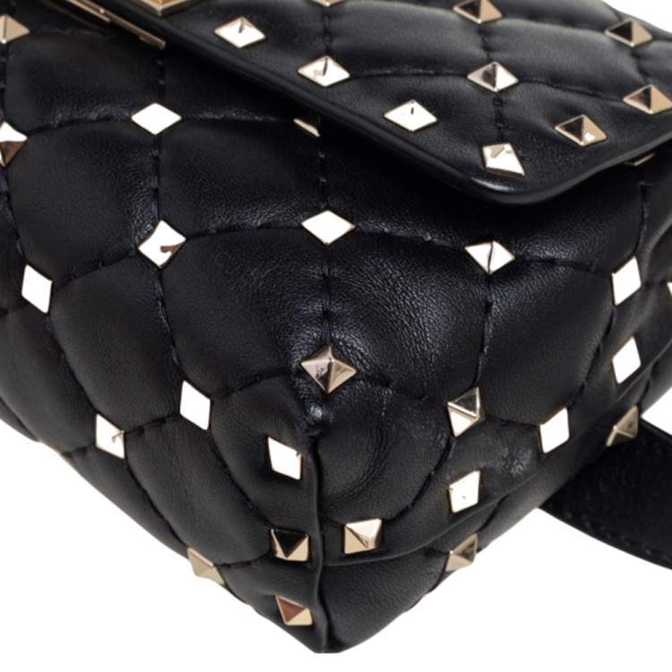 Pre Owned Valentino Black Leather Rockstud Flap Belt Bag