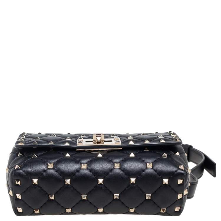 Pre Owned Valentino Black Leather Rockstud Flap Belt Bag