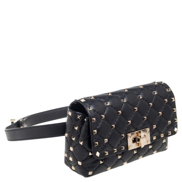 Pre Owned Valentino Black Leather Rockstud Flap Belt Bag