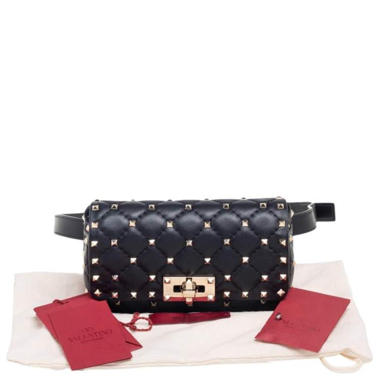 Pre Owned Valentino Black Leather Rockstud Flap Belt Bag