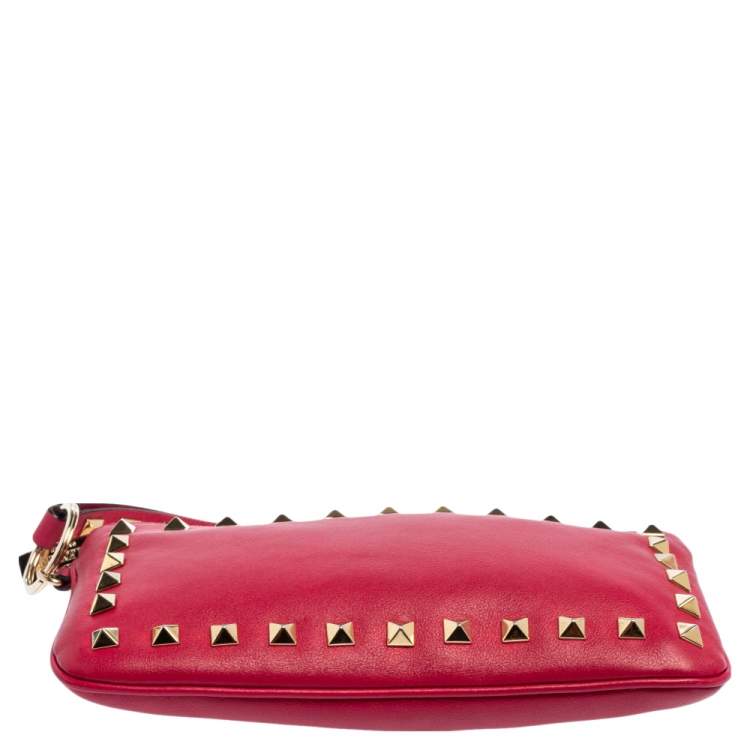 Pre Owned Valentino Fuchsia Leather Rockstud Wristlet Clutch