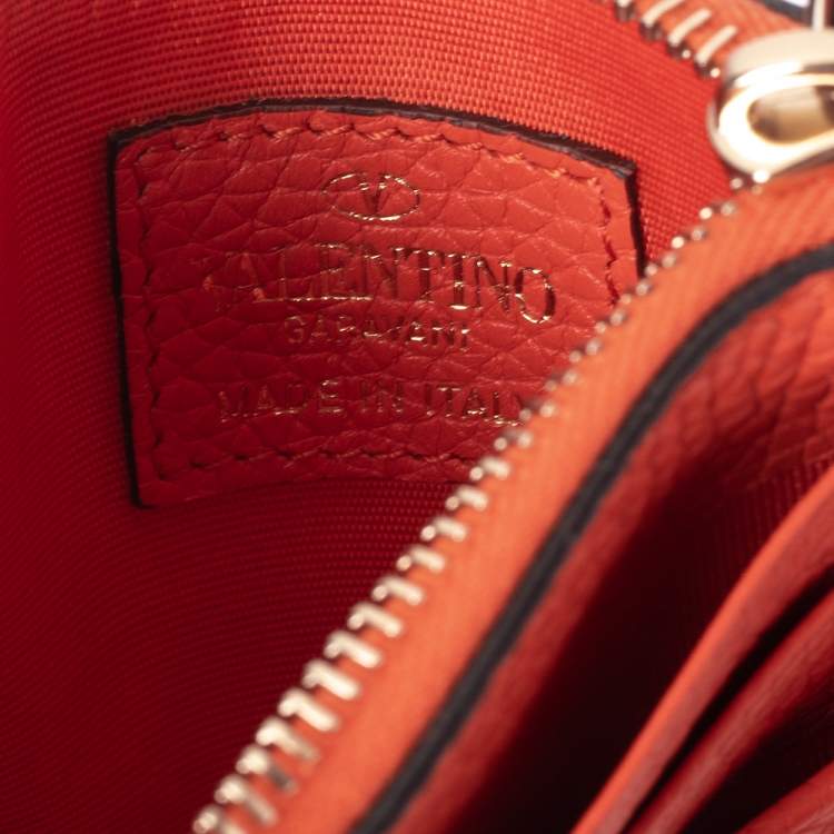 Pre Owned Valentino Orange Leather Rockstud Zip Card Case