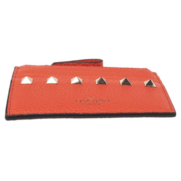 Pre Owned Valentino Orange Leather Rockstud Zip Card Case