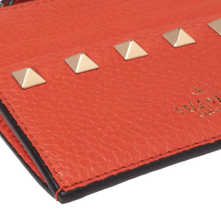 Pre Owned Valentino Orange Leather Rockstud Zip Card Case