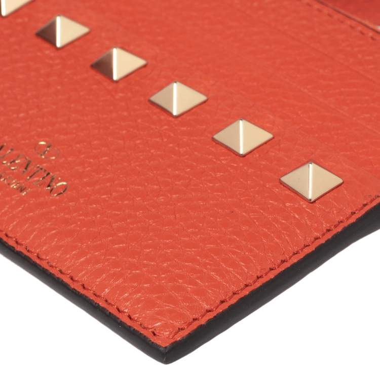 Pre Owned Valentino Orange Leather Rockstud Zip Card Case