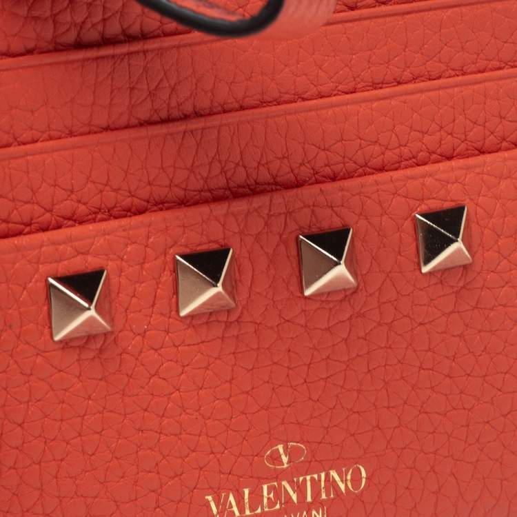Pre Owned Valentino Orange Leather Rockstud Zip Card Case