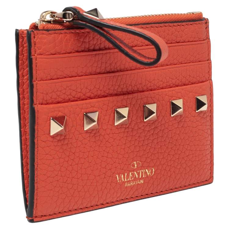 Pre Owned Valentino Orange Leather Rockstud Zip Card Case