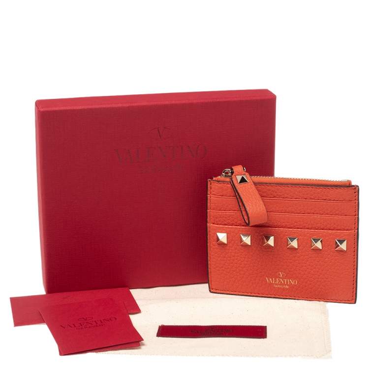 Pre Owned Valentino Orange Leather Rockstud Zip Card Case