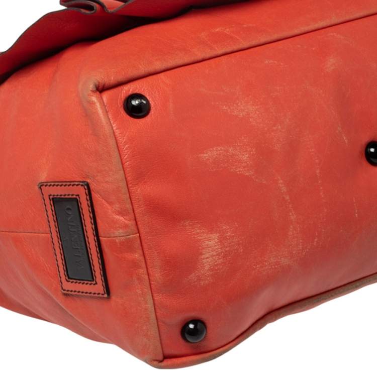 Pre Owned Valentino Orange Leather Petale Rose Shopper Tote