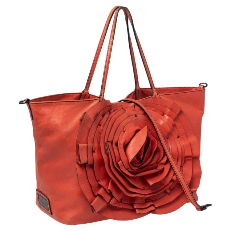 Pre Owned Valentino Orange Leather Petale Rose Shopper Tote