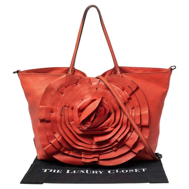 Pre Owned Valentino Orange Leather Petale Rose Shopper Tote