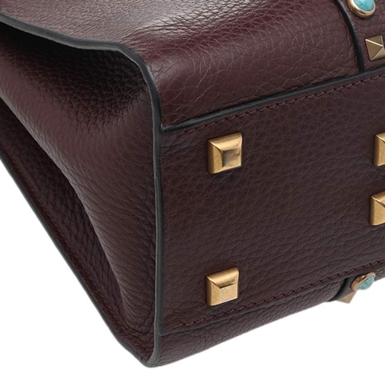 Pre Owned Valentino Burgundy Leather Medium My Rockstud Rolling Top Handle Bag