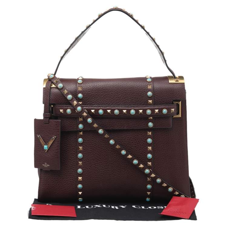 Pre Owned Valentino Burgundy Leather Medium My Rockstud Rolling Top Handle Bag