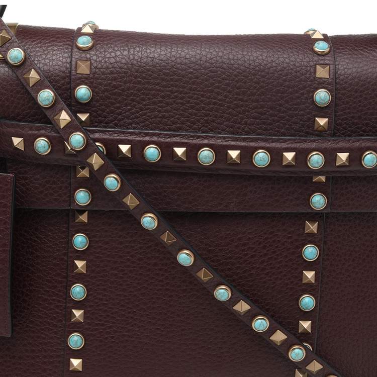Pre Owned Valentino Burgundy Leather Medium My Rockstud Rolling Top Handle Bag