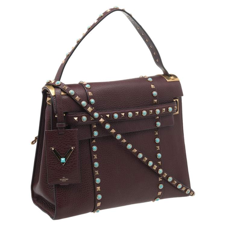 Pre Owned Valentino Burgundy Leather Medium My Rockstud Rolling Top Handle Bag