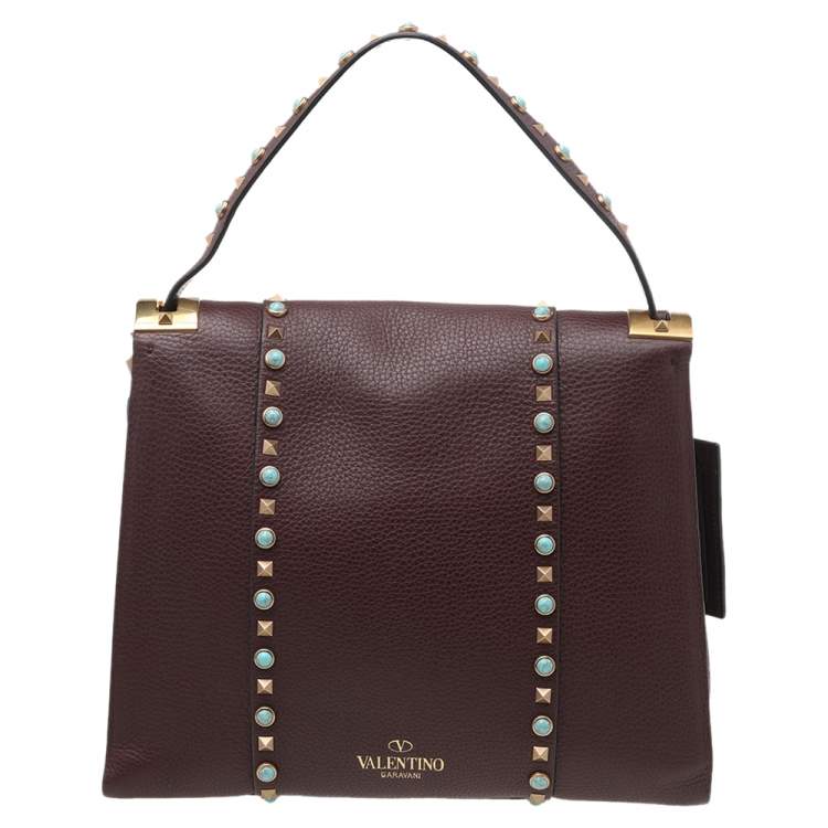 Pre Owned Valentino Burgundy Leather Medium My Rockstud Rolling Top Handle Bag