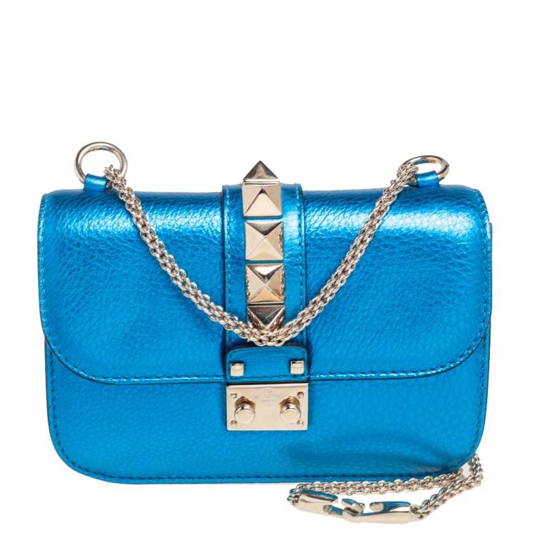 Valentino Metallic Blue Leather Small Rockstud Glam Lock Flap Bag ...